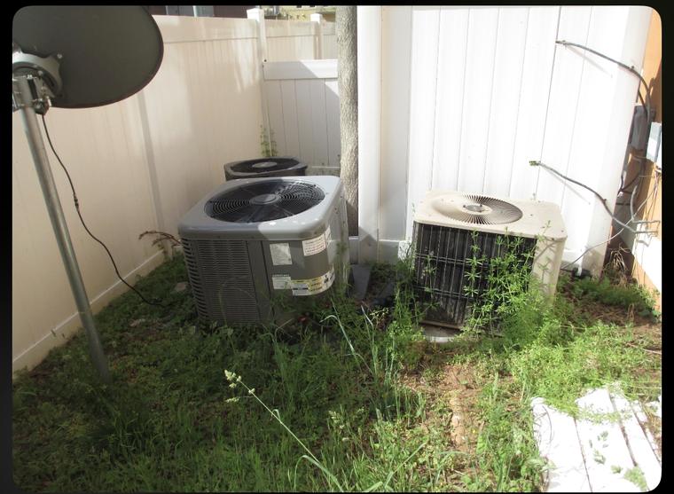 Two aging air conditioning condensers overgrown with weeds before replacement