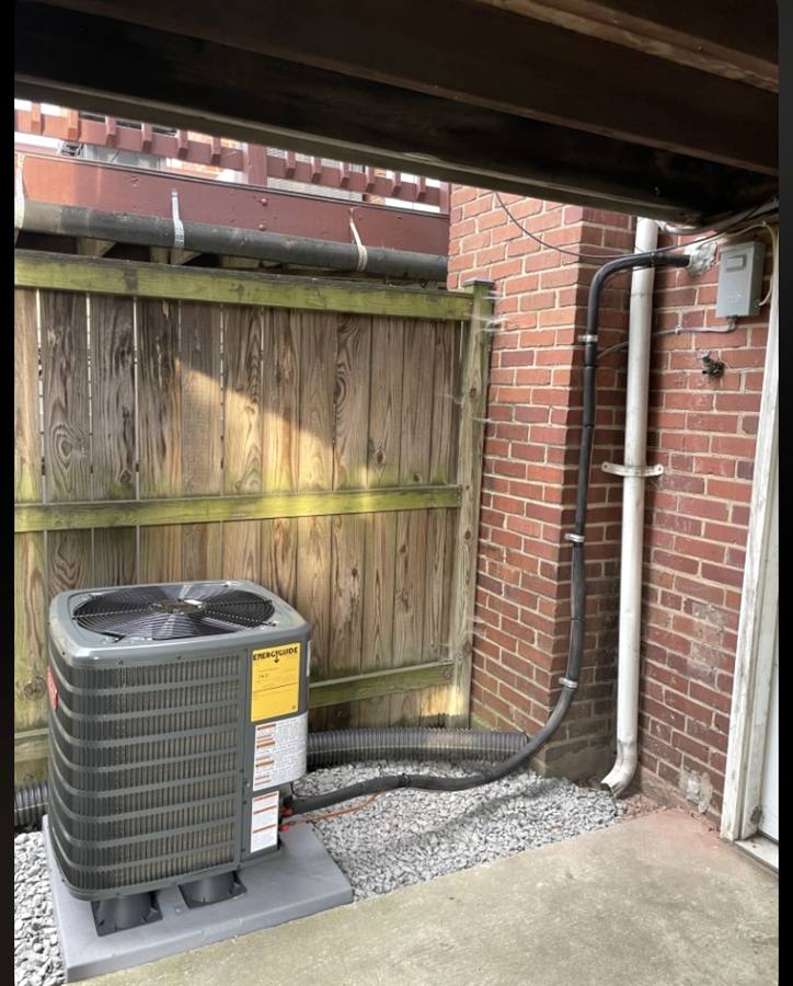 New air conditioning condenser on a level pad with the line set strapped neatly up the brick wall